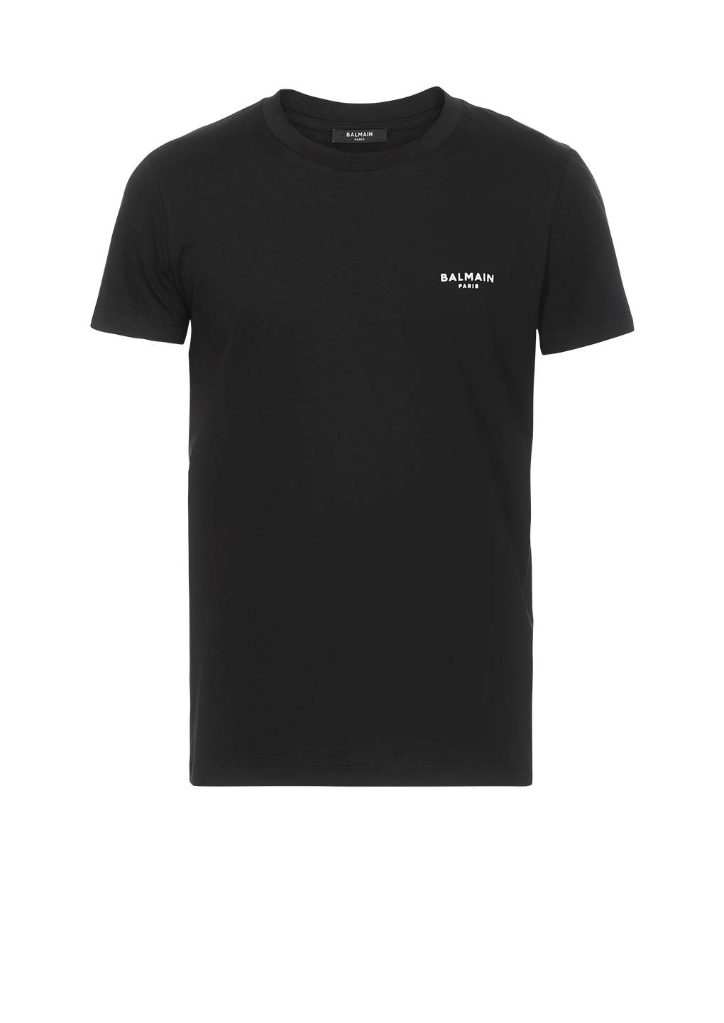 Eco-designed cotton T-shirt with small flocked Balmain Paris logo, black, hi-res