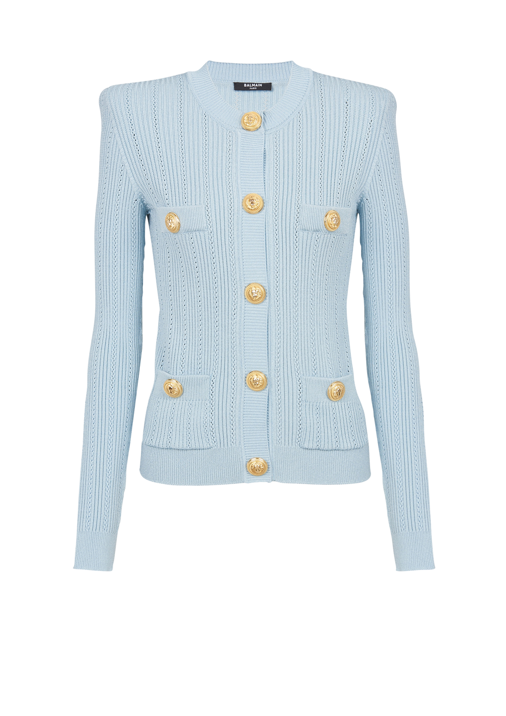 Cropped eco-designed knit cardigan with gold-tone buttons, blue, hi-res